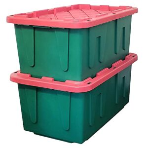 homz 4427mxdc.02 durabilt 27 gallon heavy duty impact resistant stackable holiday storage tote with snap-fit lid, green/red (2 pack)