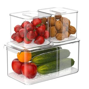 ipegtop fridge produce saver food storage bin containers, stackable refrigerator freezer organizer fresh keeper container with vented lids, 3 pack