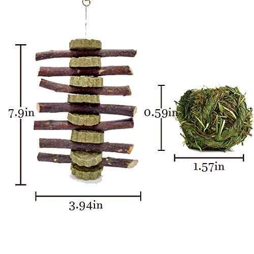 Tfwadmx 3 Pcs Rabbit Chew Toys Natural Timothy Grass Balls Rabbit Organic Apple Wood Sticks Improves Dental Health for Chinchilla Rat Guinea Pig Hamsters Gerbil