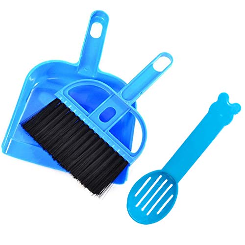 SEIS 3 Pack Hamster Mini Dustpan and Broom Set Guinea Pig Classical Besom Chinchillas Sweeper Cavy Cage Clean Hedgehogs Scooper for Small Animal (Blue)