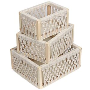 macrame storage baskets for shelves and closet, boho decorative boxes for home decor, perfect pampas grass holder at living room(white, set of 3)