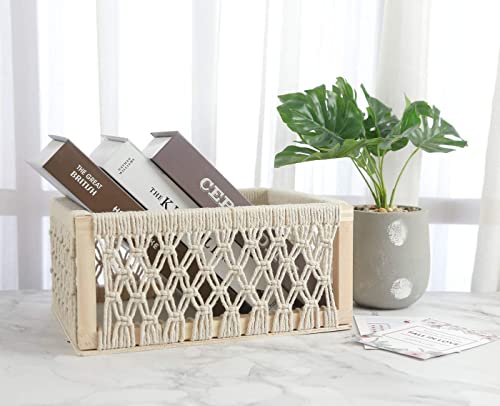 Macrame Storage Baskets for Shelves and Closet, Boho Decorative Boxes for Home Decor, Perfect Pampas Grass Holder at Living Room(White, Set of 3)