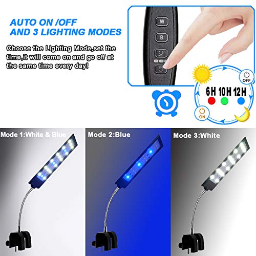 MingDak Fish Tank Clip on Light with Inline Timer, Clamp Aquarium Light with White & Blue LEDs, 3 Lighting Modes, Dimmable, 7W, 18 LEDs