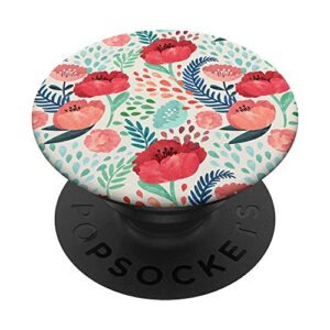 red poppy watercolor fine art floral pattern pink mint green popsockets popgrip: swappable grip for phones & tablets
