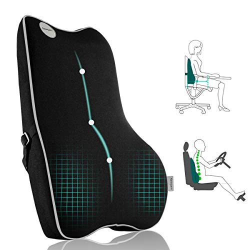 Newgam Lumbar Support Pillow,Pure Memory Foam Back Cushion Orthopedic Backrest with Breathable 3D Mesh for Car Seat,Office Chair,Computer Chair,Wheelchair and Recliner.Ergonomic Design (Grey Edge)