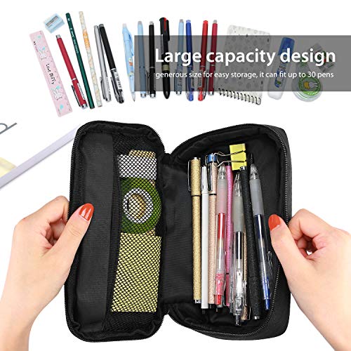 ProCase Pencil Bag Pen Case, Large Capacity Students Stationery Pouch Pencil Holder Desk Organizer with Double Zipper, Portable Pencil Pouch for School Office Supplies -Black