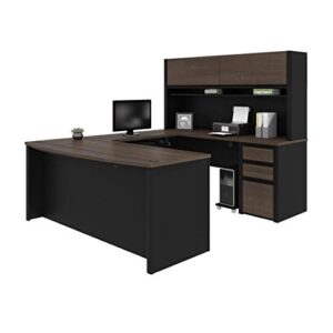 bestar connexion u-shaped executive desk with pedestal and hutch, 72w, antigua & black