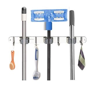 16" Mop and Broom Holder Organizer, Stainless Steel Wall Mount Hanger, Mounted Tool Rack Organizer, Closet Broom Holder, Ideal Broom Hanger for Kitchen, Courtyard, Garden,Storage (3 Racks 4 Hooks)