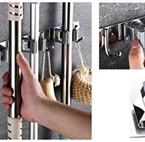 16" Mop and Broom Holder Organizer, Stainless Steel Wall Mount Hanger, Mounted Tool Rack Organizer, Closet Broom Holder, Ideal Broom Hanger for Kitchen, Courtyard, Garden,Storage (3 Racks 4 Hooks)