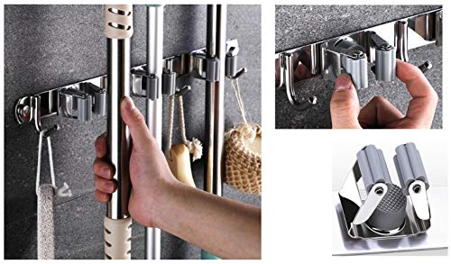 16" Mop and Broom Holder Organizer, Stainless Steel Wall Mount Hanger, Mounted Tool Rack Organizer, Closet Broom Holder, Ideal Broom Hanger for Kitchen, Courtyard, Garden,Storage (3 Racks 4 Hooks)