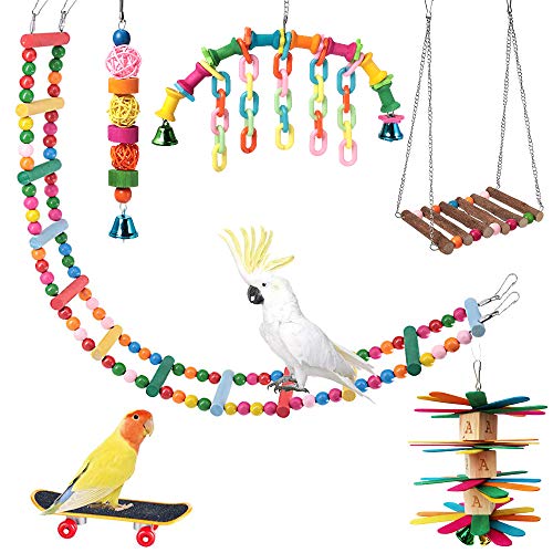 Shellkingdom Parrot Toys,Bird Hanging Wooden Ladder and Bird Hammock Chew Perches Cage Finch Toy with Bells for Bird Macaws Cockatiels Parakeets African Grey Parrot Lorikeets Conures