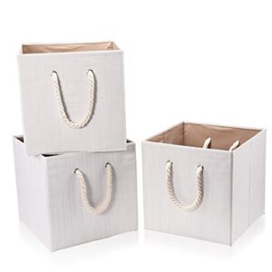 robuy set of 3 beige bamboo fabric cube storage bins with cotton rope handle, collapsible resistant basket box organizer for shelves size 13x13 x13 inch