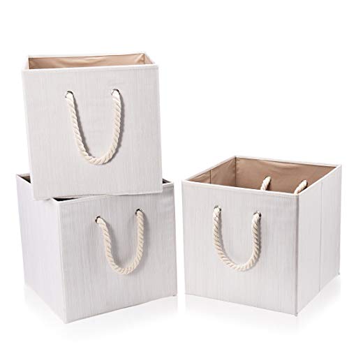 Robuy Set of 3 Beige Bamboo Fabric Cube Storage Bins with Cotton Rope Handle, Collapsible Resistant Basket Box Organizer for Shelves Size 13x13 x13 inch