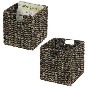 mdesign seagrass woven cube bin basket organizer with handles - storage for bedroom, home office, living room, bathroom, shelf/cubby organization, hold blankets, magazines, books - 2 pack, black wash
