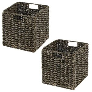 mDesign Seagrass Woven Cube Bin Basket Organizer with Handles - Storage for Bedroom, Home Office, Living Room, Bathroom, Shelf/Cubby Organization, Hold Blankets, Magazines, Books - 2 Pack, Black Wash