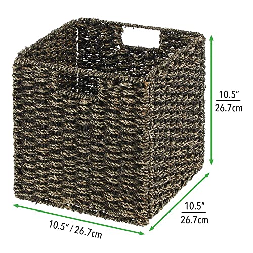 mDesign Seagrass Woven Cube Bin Basket Organizer with Handles - Storage for Bedroom, Home Office, Living Room, Bathroom, Shelf/Cubby Organization, Hold Blankets, Magazines, Books - 2 Pack, Black Wash