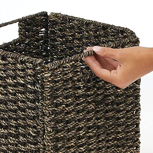 mDesign Seagrass Woven Cube Bin Basket Organizer with Handles - Storage for Bedroom, Home Office, Living Room, Bathroom, Shelf/Cubby Organization, Hold Blankets, Magazines, Books - 2 Pack, Black Wash