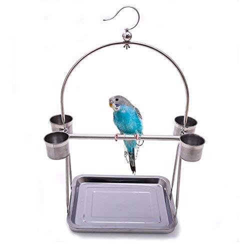 Bird Platform Playground Stainless Steel Perch Gym Stand with Food Bowls for Parrot Macaw African Grey Budgies Parakeet Conure Cage Exercise Toy (S)