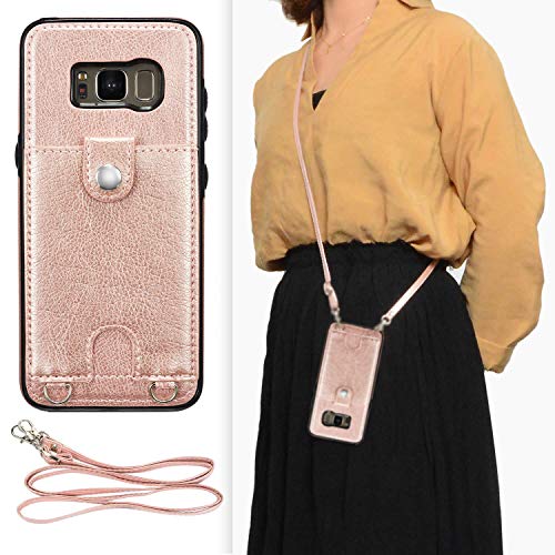 DEFBSC Samsung Galaxy S8 Plus Crossbody Wallet Case,Premium Leather Case with Detachable Adjustable Crossbody Strap and Credit Card Slots for Samsung Galaxy S8 Plus 6.2 Inch-Rose Gold