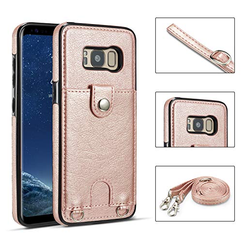 DEFBSC Samsung Galaxy S8 Plus Crossbody Wallet Case,Premium Leather Case with Detachable Adjustable Crossbody Strap and Credit Card Slots for Samsung Galaxy S8 Plus 6.2 Inch-Rose Gold