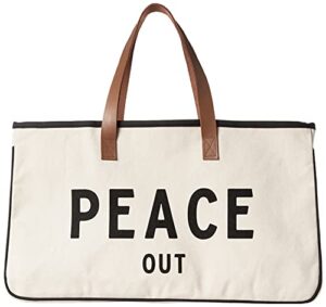 santa barbara design studio tote bag hold everything collection black and white 100% cotton canvas with genuine leather handles, large, peace out