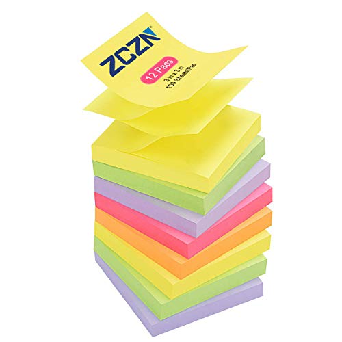 ZCZN Pop-up Sticky Notes 3 x 3 Inches, 100 Sheets/Pad, 12 Pads, Light Green, Light Blue, Light Purple, Red, Orange, Yellow