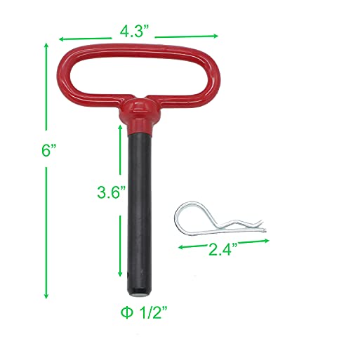 X-Haibei Head Tow Hitch Pin and Clip 1/2 x 3 5/8 inch for Lawn Mower Tractor RV Trailer Truck ATV, Red Handle, 1 Pack