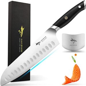 mad shark chef knife, professional 8 inch santoku knife, made of german high carbon stainless steel, non-stick ultra sharp kitchen knife with ergonomic handle, finger guard and gift box