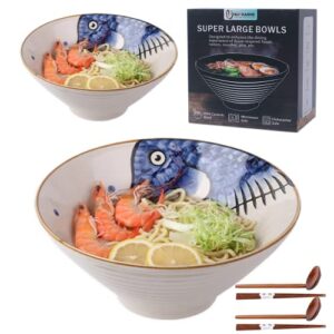 NJCHARMS Ceramic Japanese Ramen Noodle Soup Bowl, 2 Sets (6 Piece) 60 Ounce Ramen Bowls, with Spoons and Chopsticks for Udon, Pho, Asian Noodles, Ramen Noodles Bowl, Blue