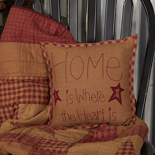 VHC Brands Ninepatch Star Home Text Cotton Primitive Bedding Embroidered Square Pillow, 1 Count (Pack of 1), Burgundy Red