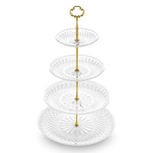 nwk 3/4-tier cupcake stand with crystal-clear plastic plates and metal struts dessert stable tower display rack serving tray for wedding birthday bridal shower autumn nye tea party (gold)