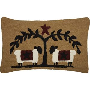 vhc brands heritage farms sheep and star hooked graphic/print textured wool primitive bedding hand sewn 22x14 filled pillow, 1 count (pack of 1), mustard tan