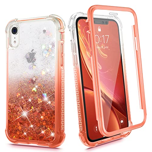 Ruky iPhone XR Case, Glitter Clear Full Body Rugged Liquid Cover with Built-in Screen Protector Shockproof Protective Girls Women Case for iPhone XR Cases 6.1 inches 2018 (Gradient Coral)