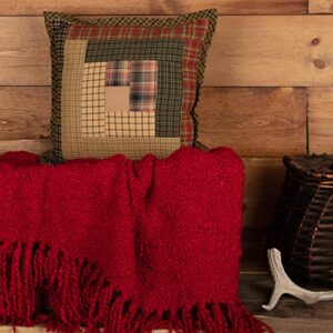 VHC Brands Tea Cabin Patch Pillow 12x12 Country Rustic Bedding Accessory, Moss Green and Deep Red