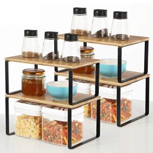 SONGMICS Cabinet Shelf Organizers, Set of 4 Kitchen Counter Shelves, Stackable, Expandable Spice Racks, Metal and Wood, Black and Natural UKCS10NB