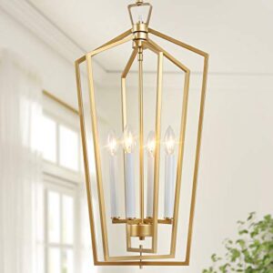 ksana gold chandelier, 4-light gold lantern pendant light with adjustable framework for kitchen, dining room, 14" w x 28.3" h