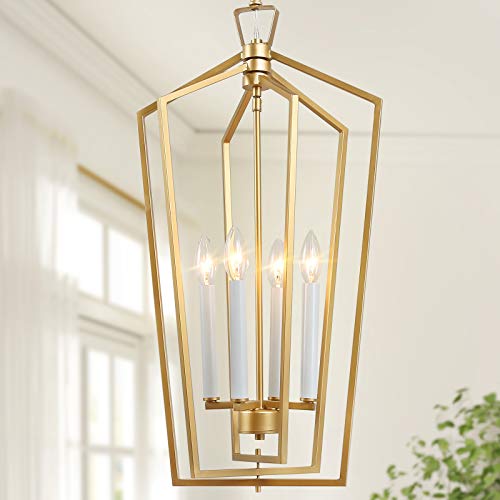 KSANA Gold Chandelier, 4-Light Gold Lantern Pendant Light with Adjustable Framework for Kitchen, Dining Room, 14" W x 28.3" H