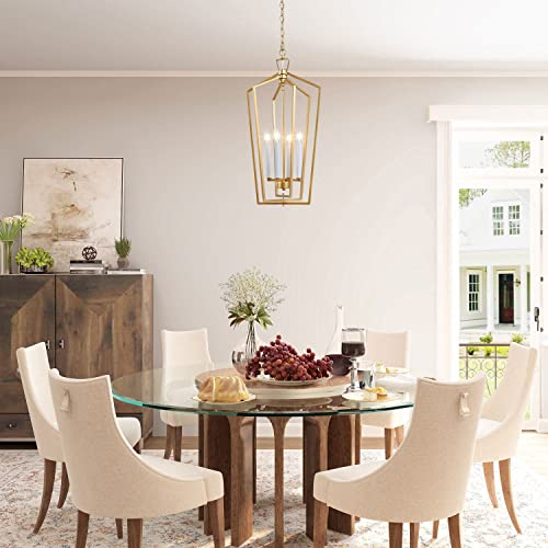 KSANA Gold Chandelier, 4-Light Gold Lantern Pendant Light with Adjustable Framework for Kitchen, Dining Room, 14" W x 28.3" H