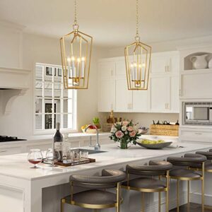 KSANA Gold Chandelier, 4-Light Gold Lantern Pendant Light with Adjustable Framework for Kitchen, Dining Room, 14" W x 28.3" H