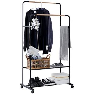 youdenova rolling clothes rack on wheels, clothing rack for hanging clothes, double rods garment rack, black
