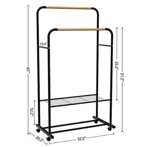 YOUDENOVA Rolling Clothes Rack on Wheels, Clothing Rack for Hanging Clothes, Double Rods Garment Rack, Black