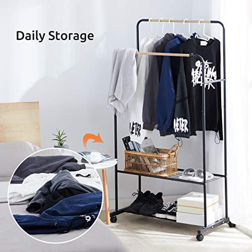 YOUDENOVA Rolling Clothes Rack on Wheels, Clothing Rack for Hanging Clothes, Double Rods Garment Rack, Black