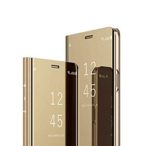 leecoco redmi note 8 case slim luxury clear view window electroplate plating mirror flip ultra slim thin full body kickstand bookstyle protective cover for xiaomi redmi note 8 mirror pu gold