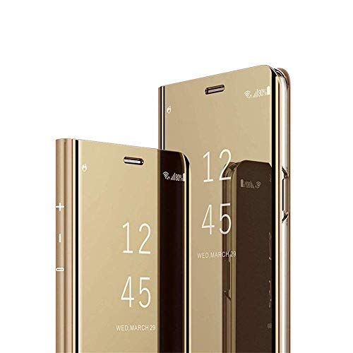 LEECOCO Redmi Note 8 Case Slim Luxury Clear View Window Electroplate Plating Mirror Flip Ultra Slim Thin Full Body Kickstand Bookstyle Protective Cover for Xiaomi Redmi Note 8 Mirror PU Gold