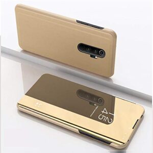 LEECOCO Redmi Note 8 Case Slim Luxury Clear View Window Electroplate Plating Mirror Flip Ultra Slim Thin Full Body Kickstand Bookstyle Protective Cover for Xiaomi Redmi Note 8 Mirror PU Gold