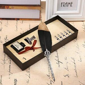 SpyShop Feather Quill Pen with Ink Set -5pcs Metal Nibs 1 Sliver Handmade Pen Holder and 15ml Black Bottle Ink (Black)