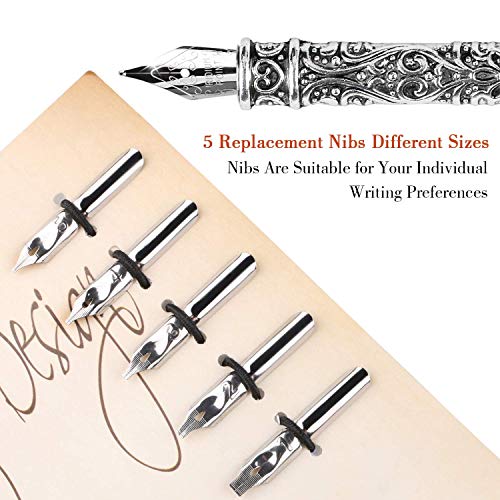 SpyShop Feather Quill Pen with Ink Set -5pcs Metal Nibs 1 Sliver Handmade Pen Holder and 15ml Black Bottle Ink (Black)