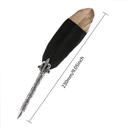 SpyShop Feather Quill Pen with Ink Set -5pcs Metal Nibs 1 Sliver Handmade Pen Holder and 15ml Black Bottle Ink (Black)