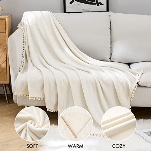 MIULEE Fleece Blanket with Pompom Fringe, Soft Cozy Lightweight Flannel Bed Blanket Fuzzy Plush Warm Blanket with Boho Decorative Tassel for Couch Sofa, Throw Size 50"x60", Cream White