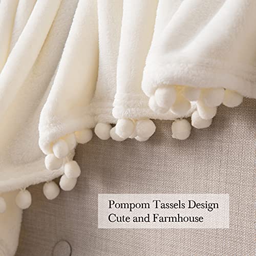 MIULEE Fleece Blanket with Pompom Fringe, Soft Cozy Lightweight Flannel Bed Blanket Fuzzy Plush Warm Blanket with Boho Decorative Tassel for Couch Sofa, Throw Size 50"x60", Cream White